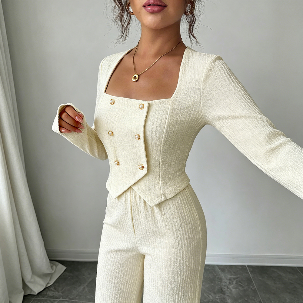 Polyester Pant Co-ord Set With Rib-Knit Craft And Double Breasted Design