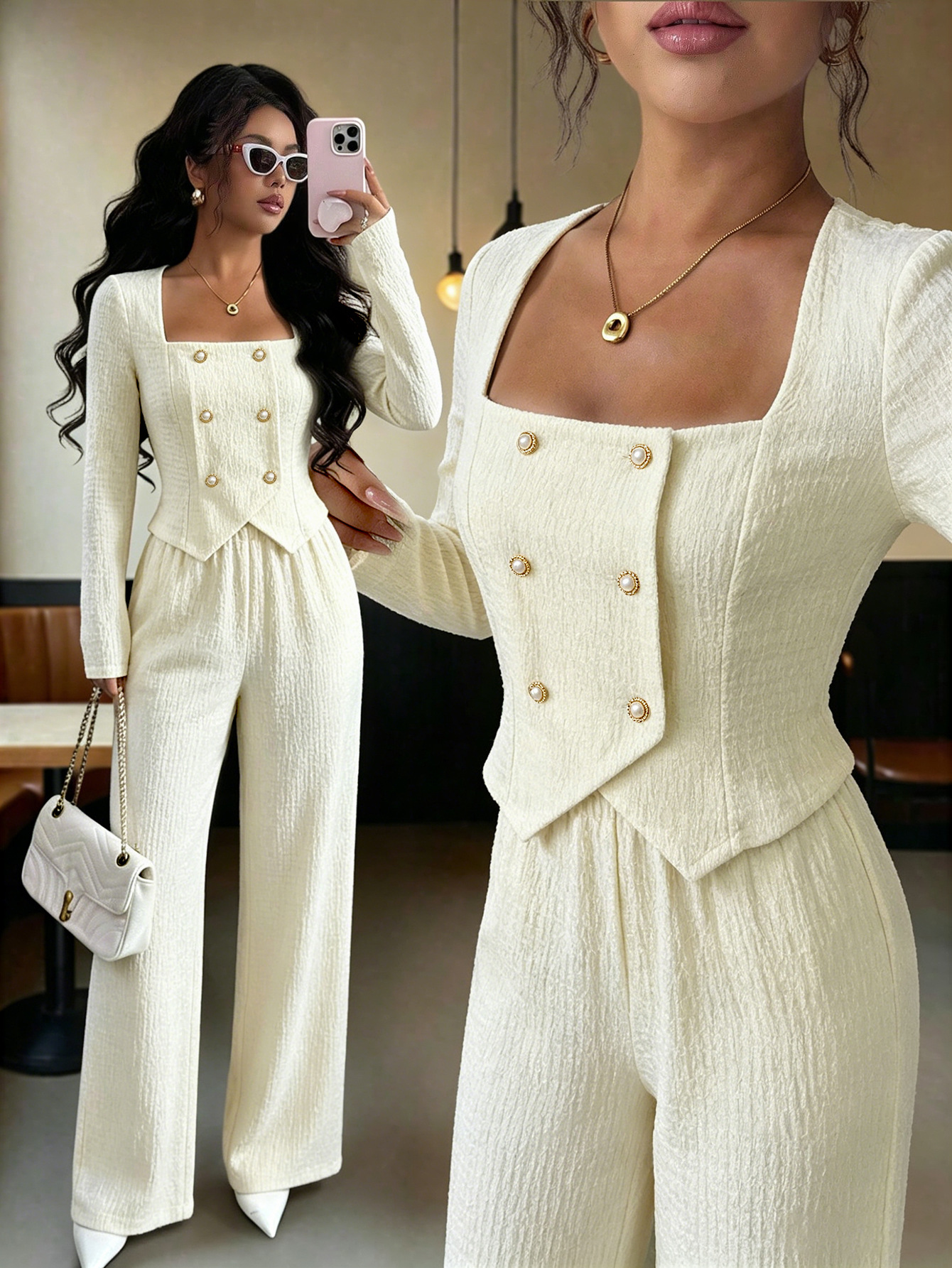 Polyester Pant Co-ord Set With Rib-Knit Craft And Double Breasted Design