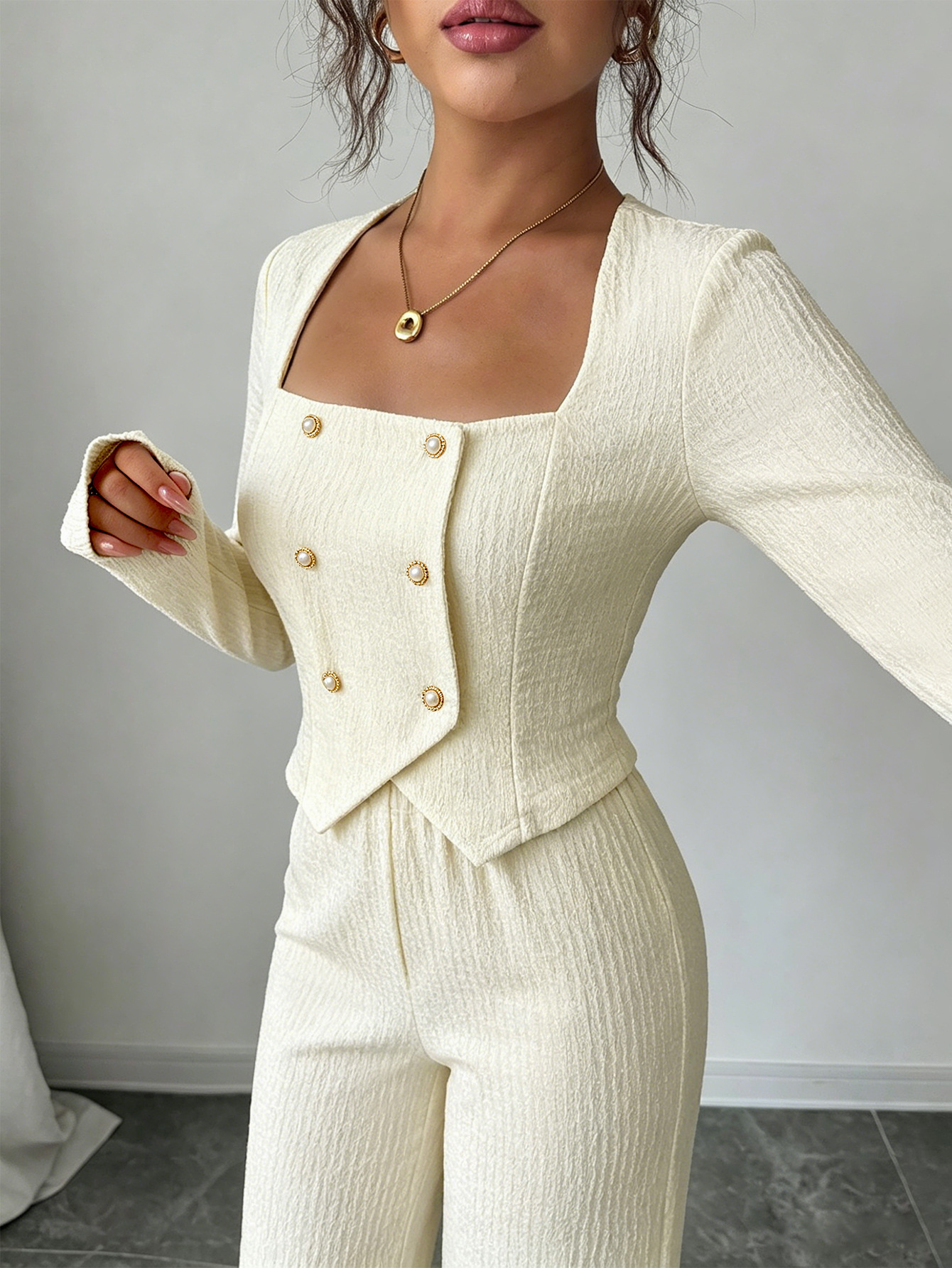 Polyester Pant Co-ord Set With Rib-Knit Craft And Double Breasted Design