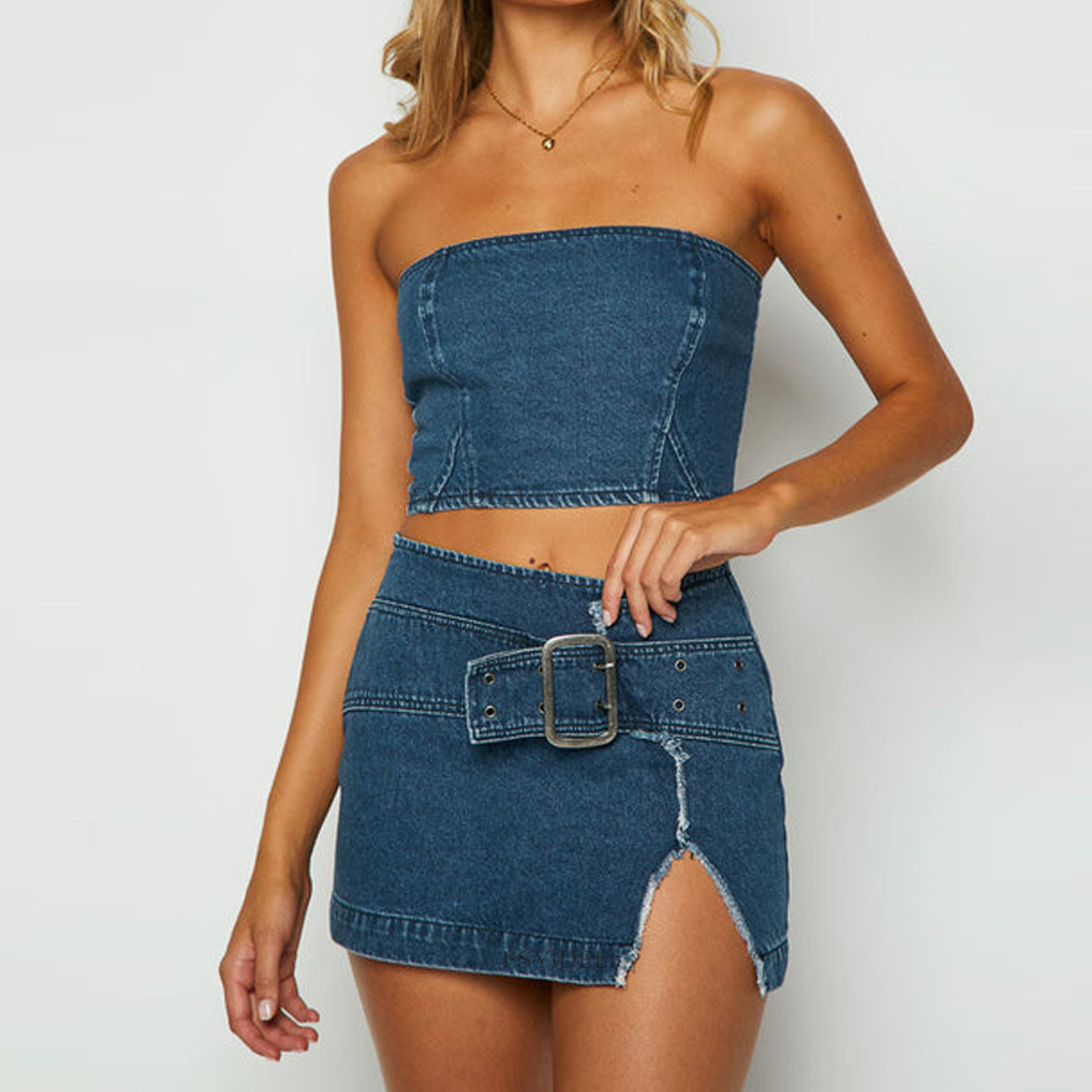 Denim Bandeau Skirt Co-ord Set