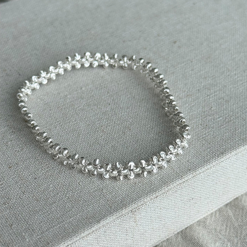Silver Beaded Ball Bracelet With Cat's Eye Stone Inlay