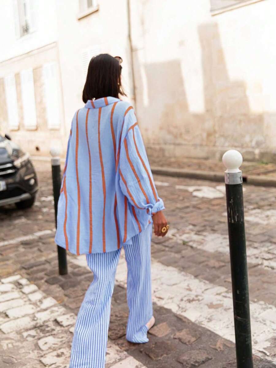 Vintage Style Stripe Long Sleeve Polyester Shirt