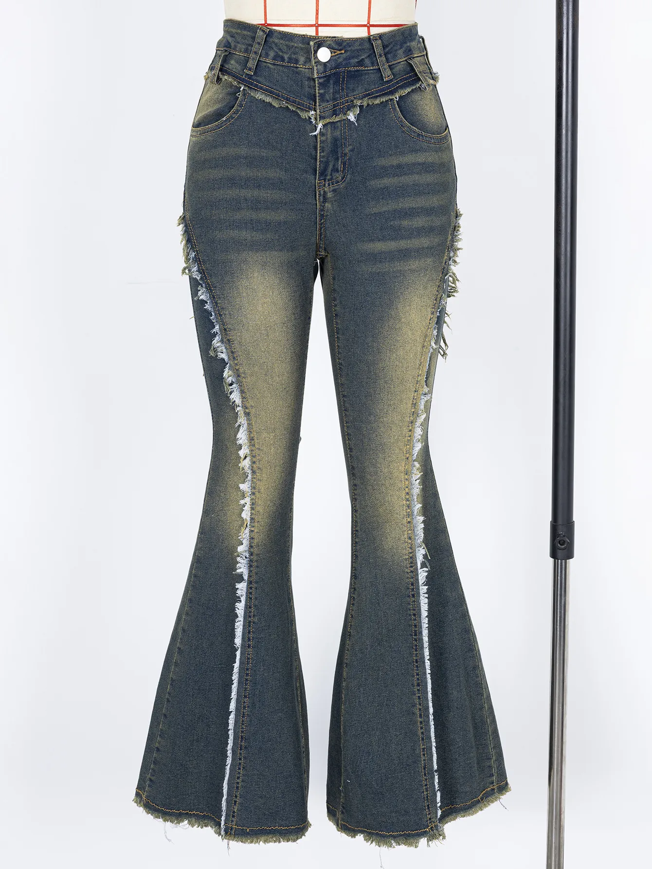 Vintage Style Star Flared Pants in Full Length Featuring Denim Cotton Fabric with Raw Hem and Micro-Elastic Stretch for Women