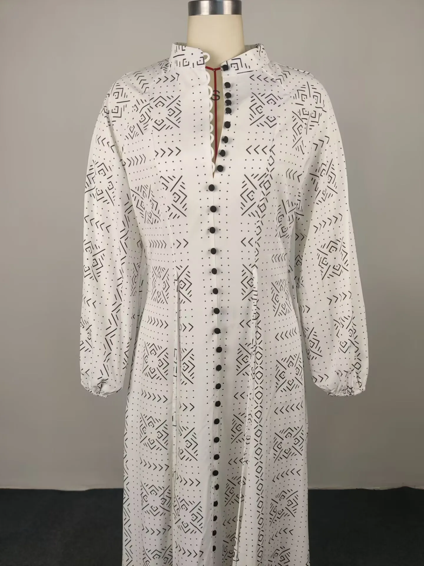 Elegant Geometric Maxi Long Dress with Long Sleeve and Standing Collar in Polyester Fabric