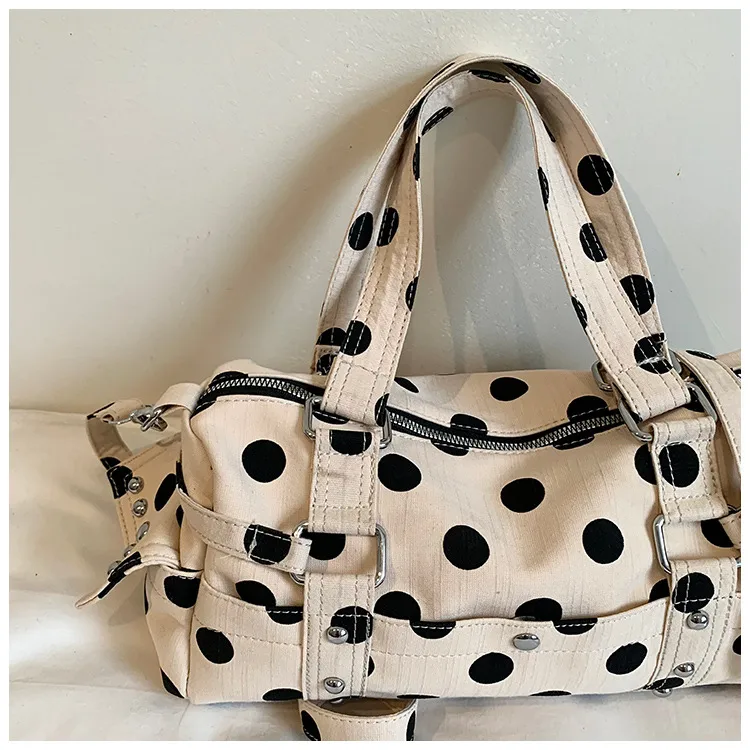 Women’s Canvas Square Handbag with Polka Dots Pattern and Sewing Thread Detail, Featuring Single Shoulder Strap