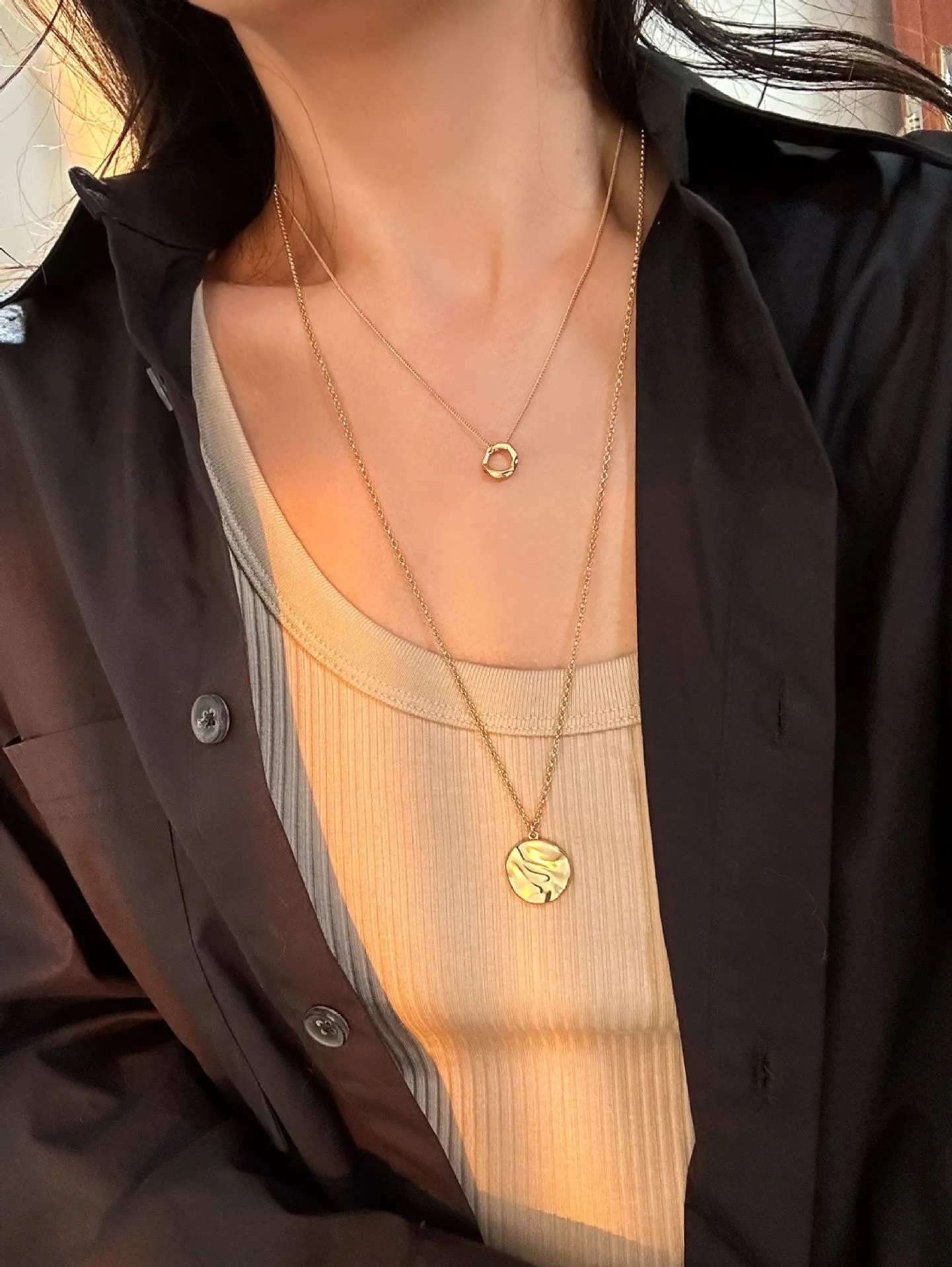 Gold Geometric Circle Necklace for Women Simple Style Copper Pendant Sweater Chain