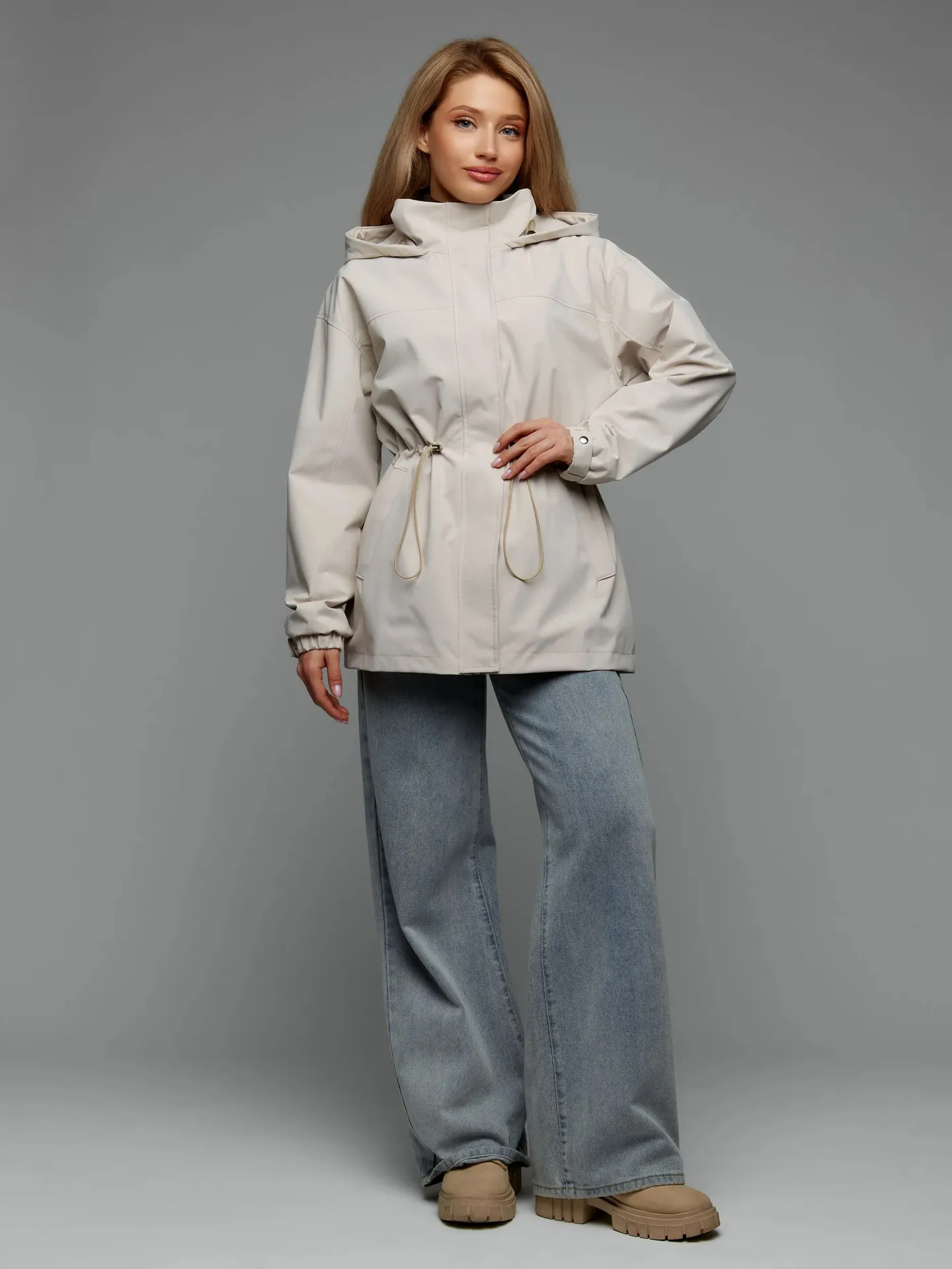 Casual Solid Color Outdoor Jacket for Women with Zipper Placket, Standing Collar, Polyester Fabric, and Drawstring Detail