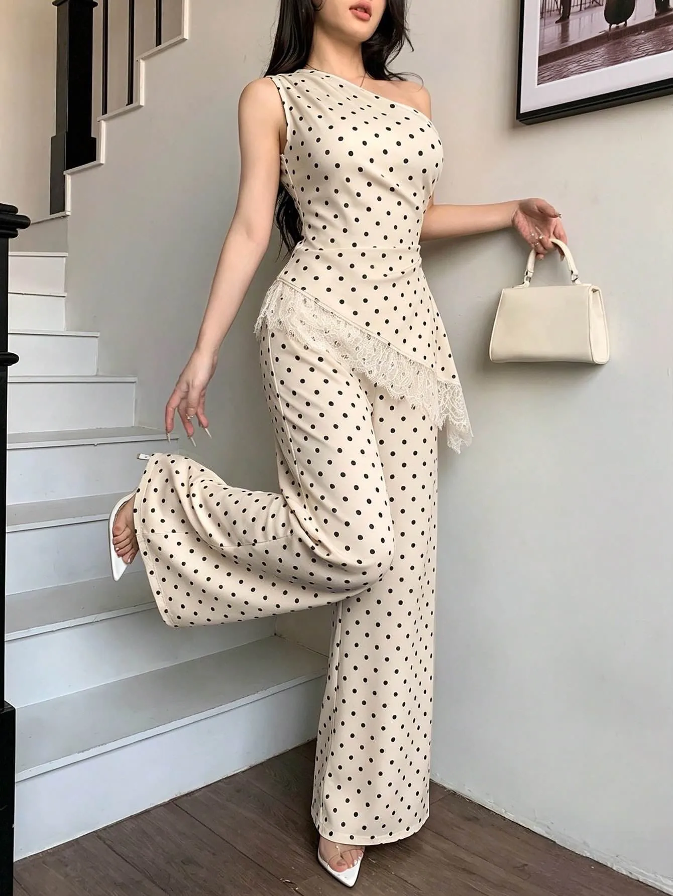 Elegant Polka Dots Pant Co-ord Set with Wide Leg Pants in Polyester featuring Lace Craftsmanship for Casual Wear