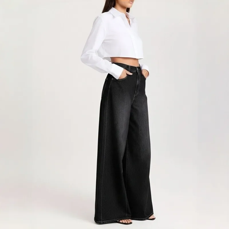 Streetwear Wide Leg Full Length Pants for Women in Loose Fit with High Waist, Made of Stretchy Denim Cotton