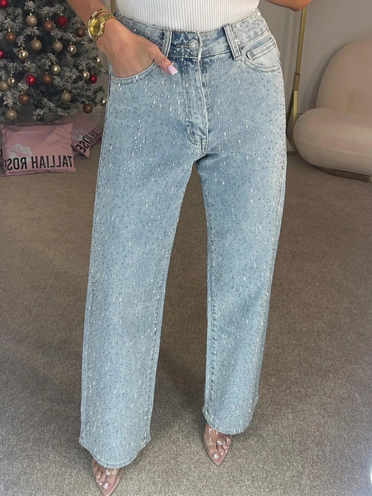 Sexy Crystal Straight Full Length Pants for Women in Denim Cotton with Rhinestones and High Elasticity