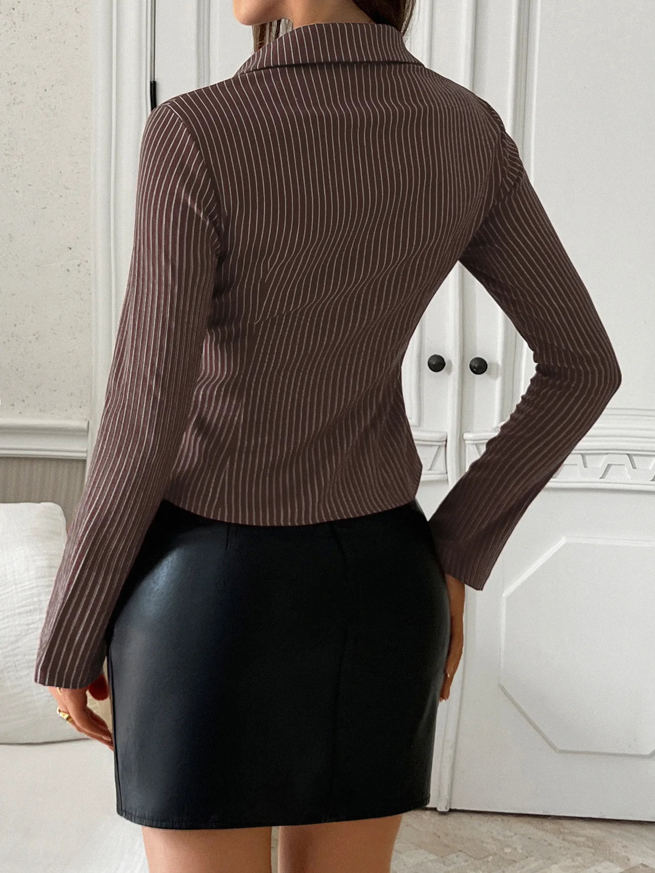 Stripe Long Sleeve Shirt Collar Blouse for Women in Polyester with Single Breasted Design
