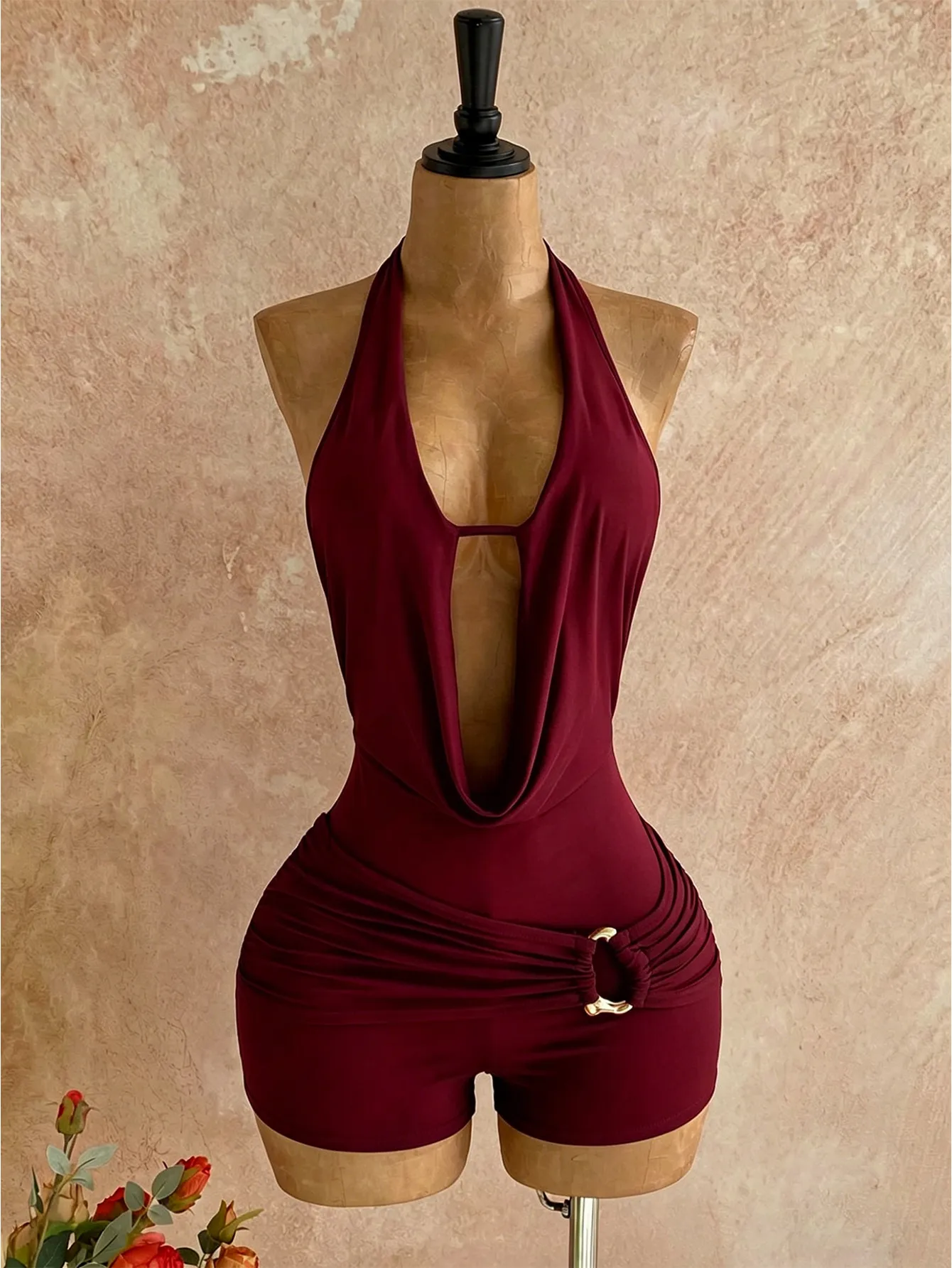 Sexy Party Rompers Shorts for Women in Polyester Fabric Featuring a Stylish V-Opening and Stretchy Fit