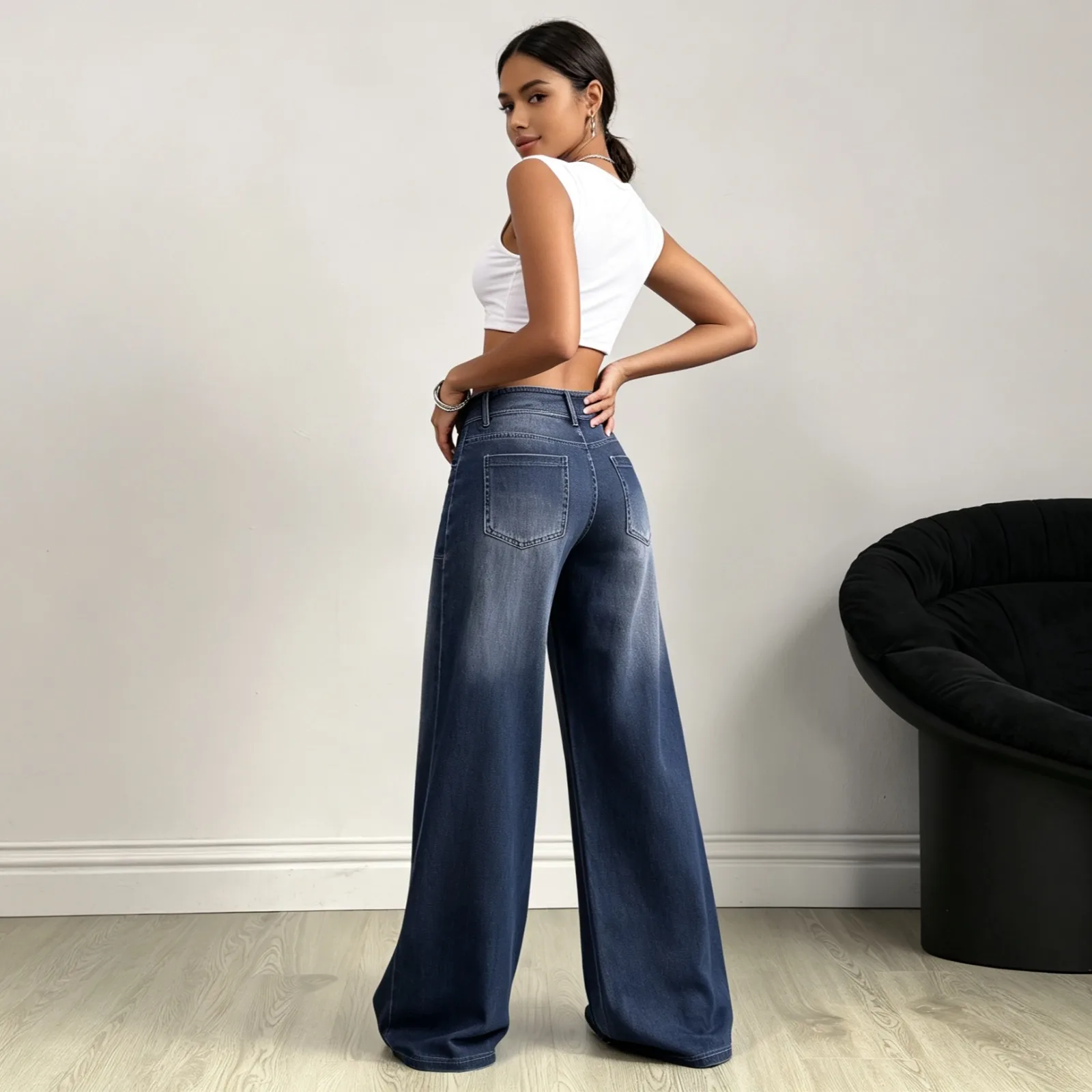 Solid Color Wide Leg Full Length Denim Cotton Pants for Streetwear with Patchwork Design