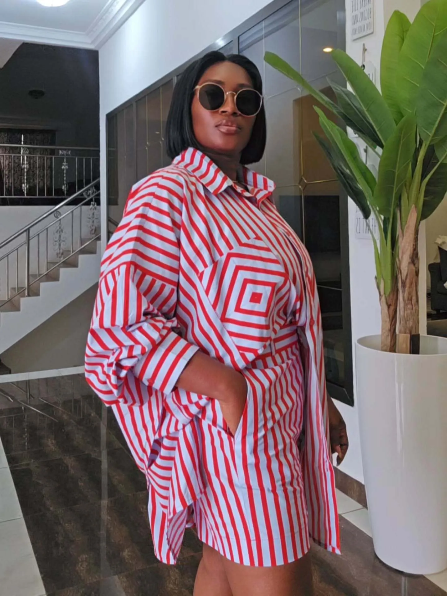 Stripe Polyester Casual Streetwear Pant Co-ord Set Featuring Backless Design with Long Sleeve Shorts