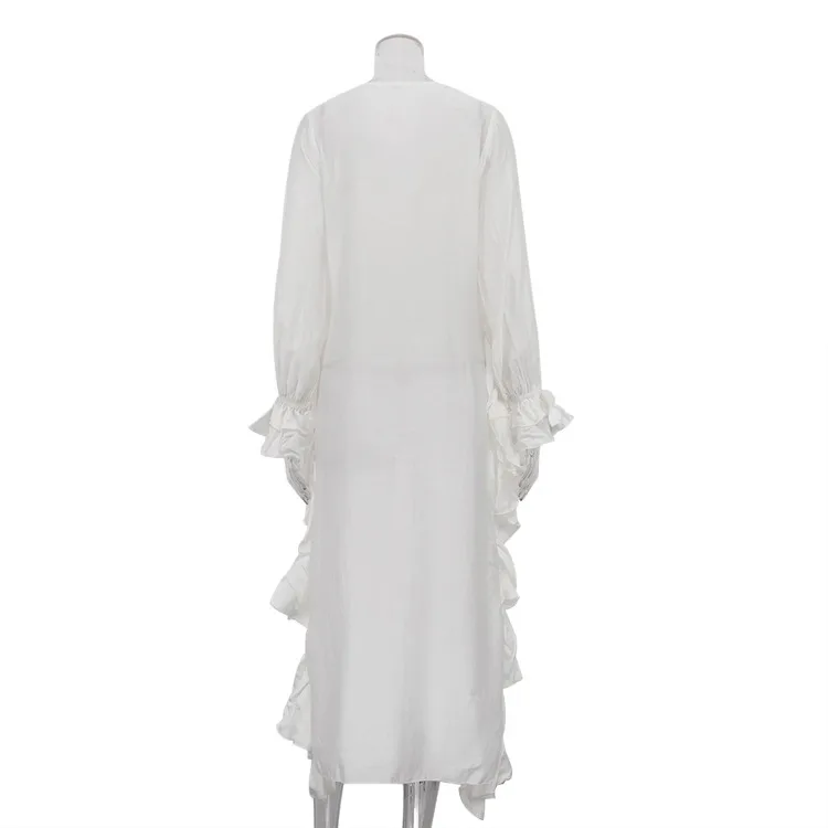 Solid Color Long Sleeve Vacation Shirt for Women in Polyester Fabric Featuring Ruffles and Pullover Design