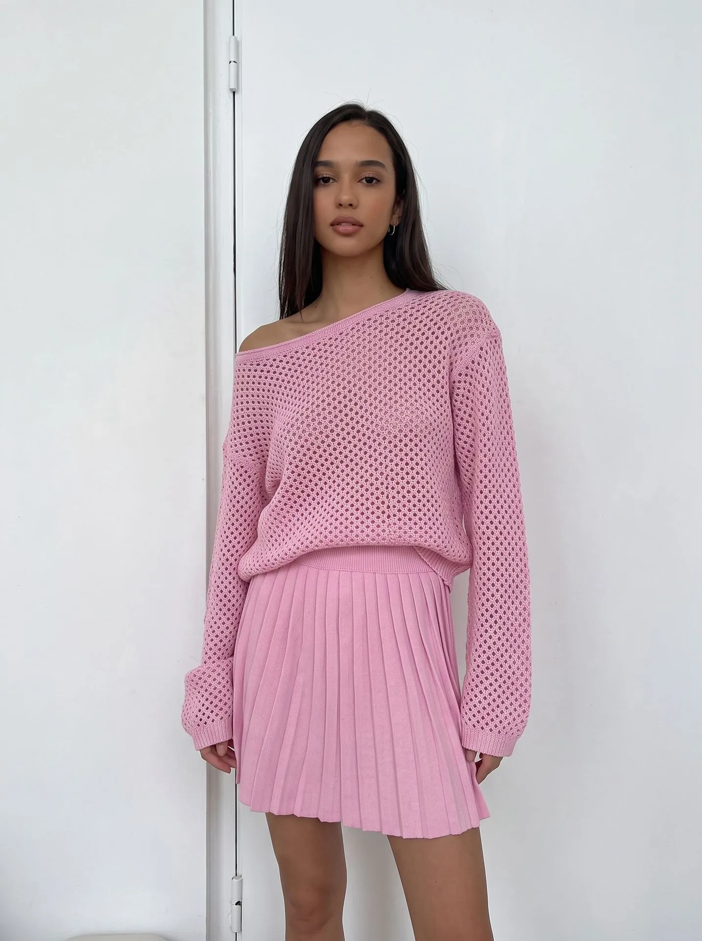 Solid Color Casual Long Sleeve Polyester Skirt Co-ord Set Featuring Hollow Out Design, 2 Pieces Set