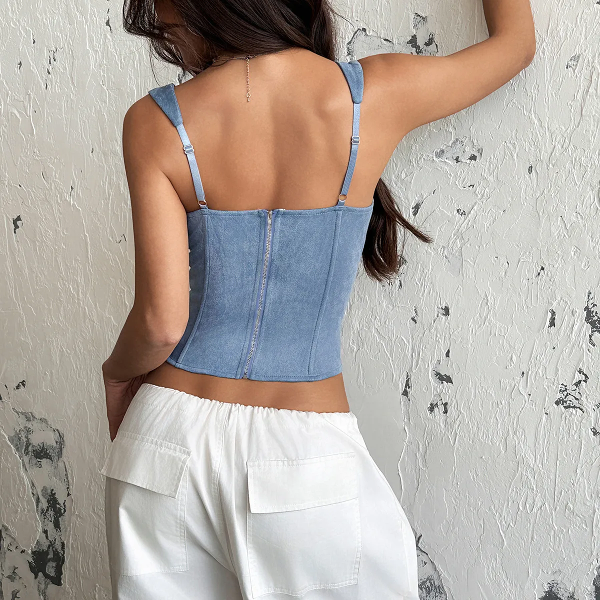 Vintage Style Solid Color Polyester Short Padded Tank Top with Zipper Closure