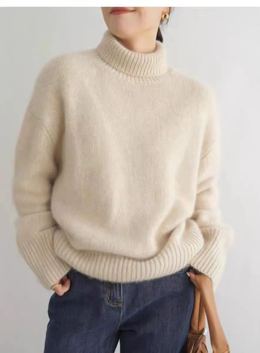 Loose Turtleneck Long Sleeve Solid Color Acrylic Sweater for Women