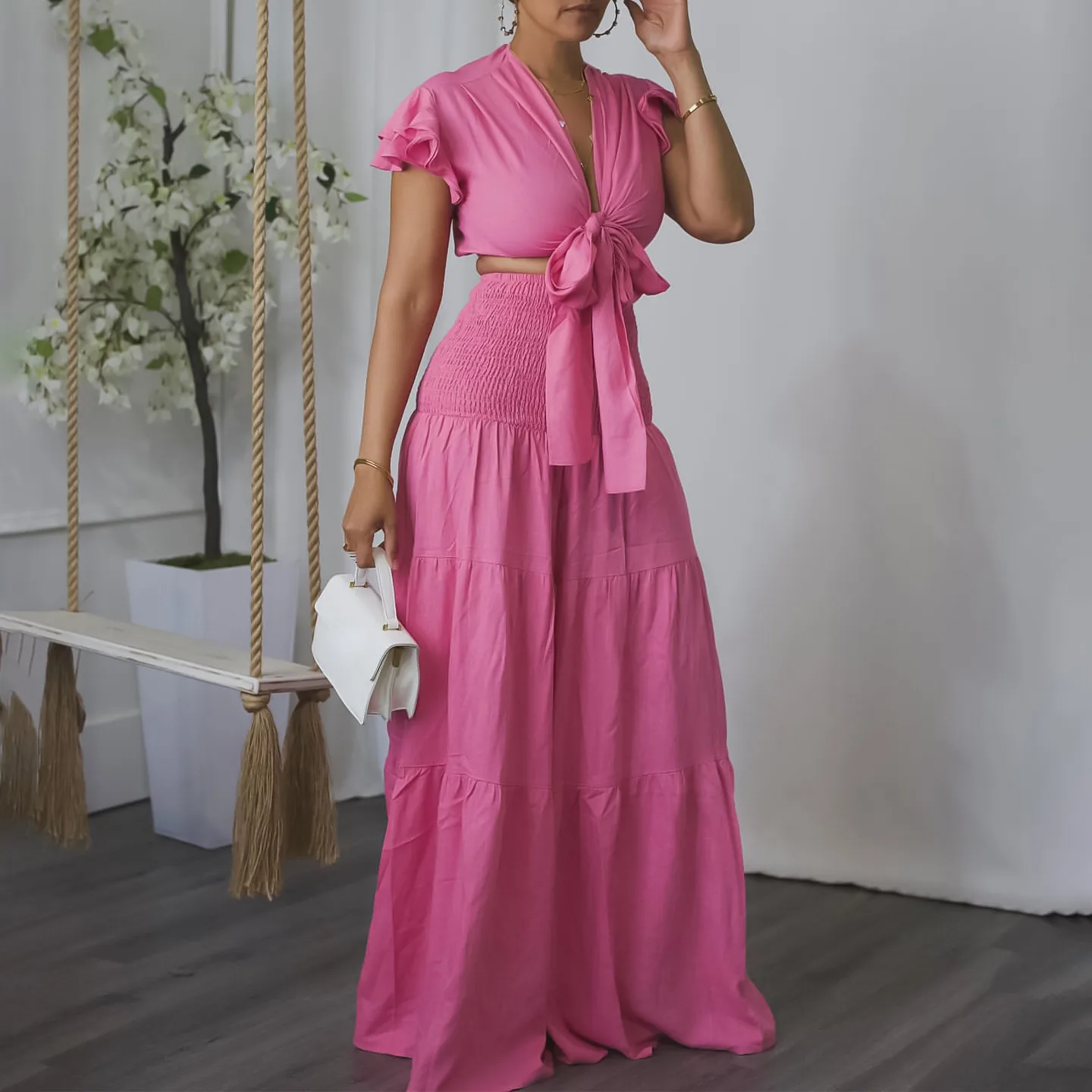 Women's Full Length Jumpsuit in Polyester Fabric Featuring Elegant Folds, Short Sleeve Design for Summer Wear