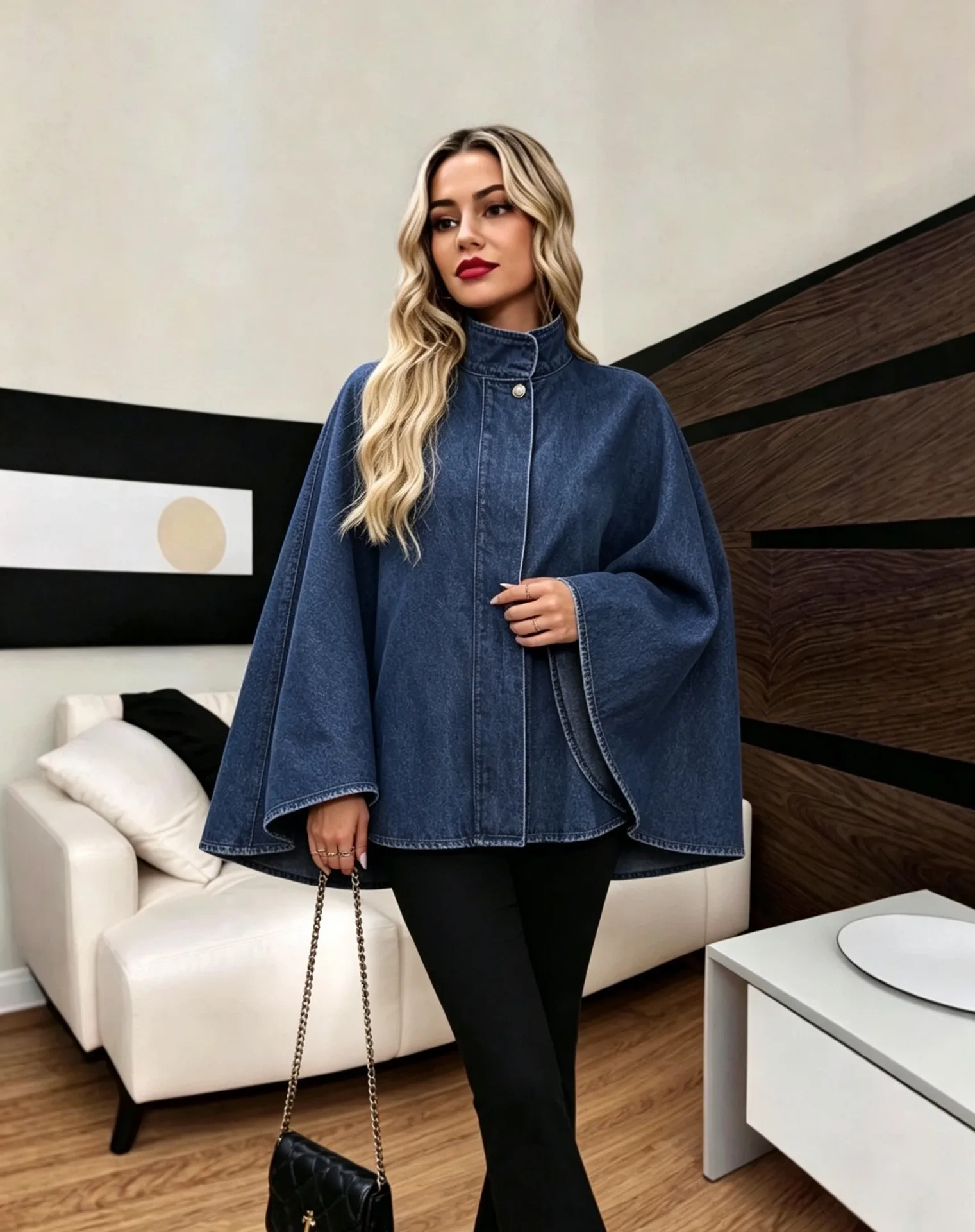 Solid Color Denim Coat for Women with Vintage Style Featuring Batwing Sleeves and Standing Collar