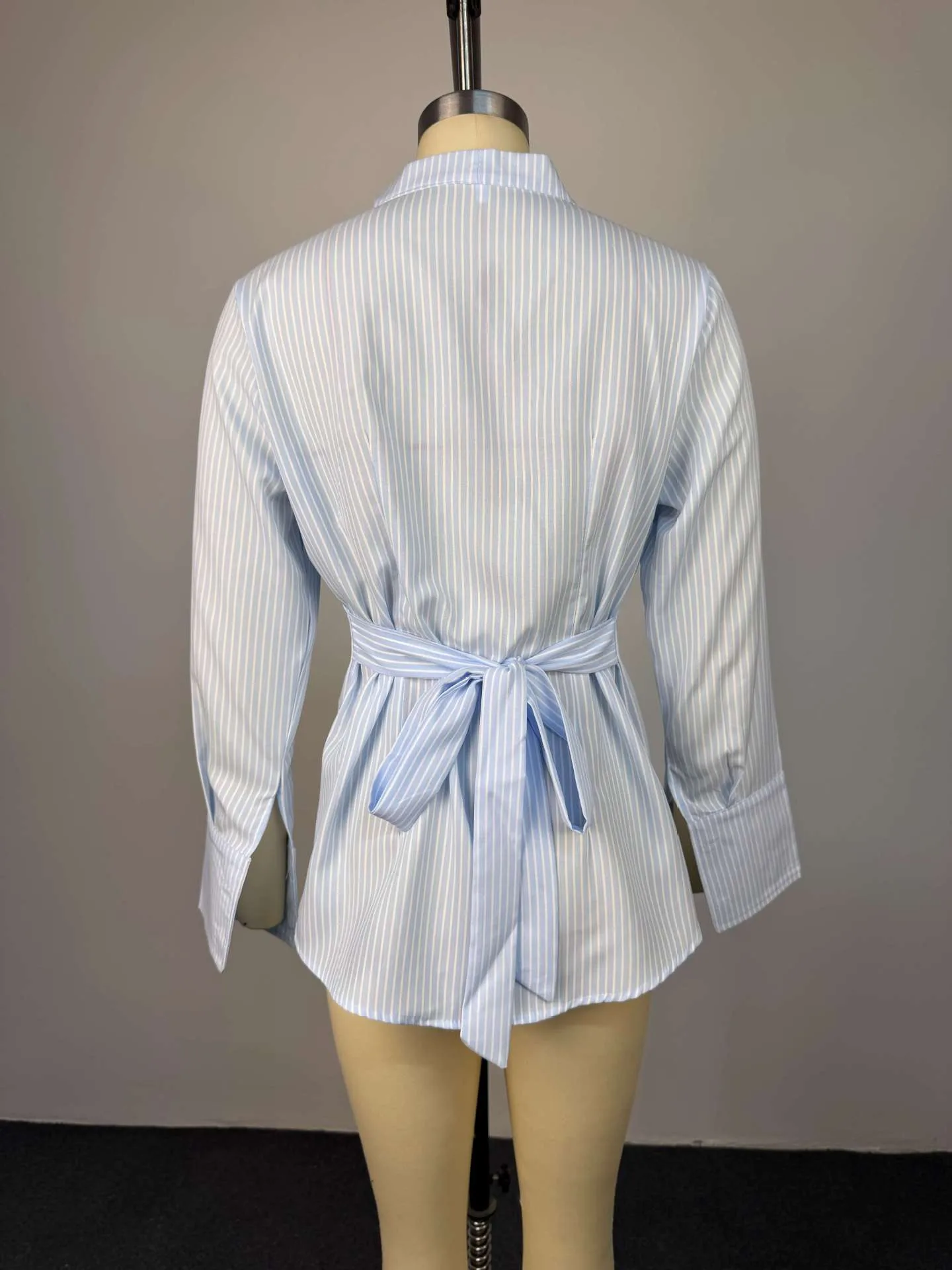 Sexy Stripe Long Sleeve Polyester Shirt for Women with Single Breasted Closure and Lapel Collar