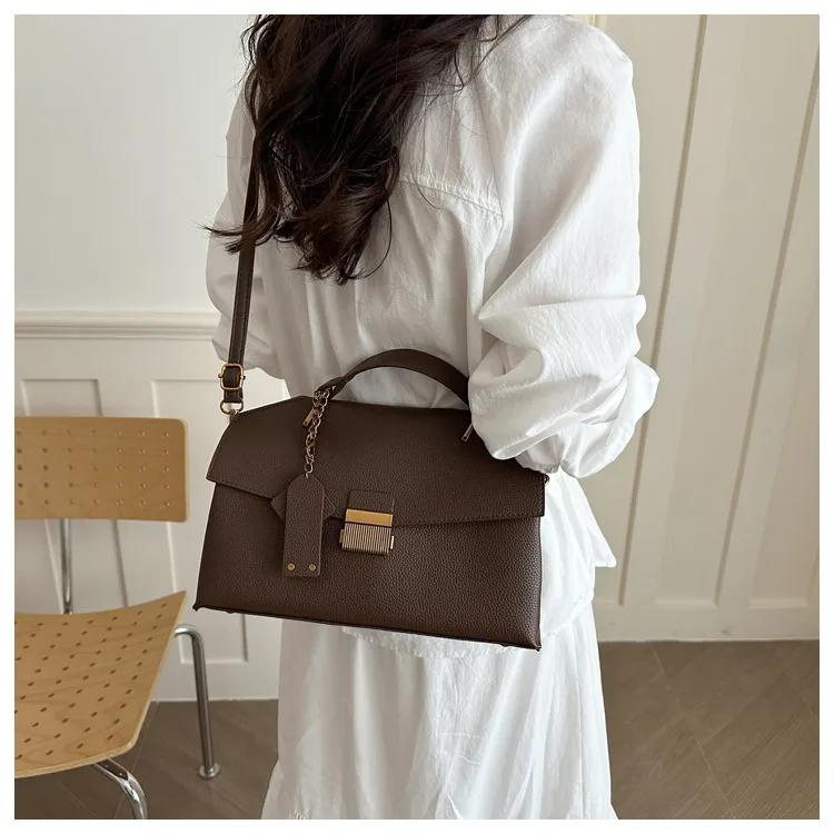 Square PU Leather Handbag in Solid Color for Women with Lock Detail and Top Handle