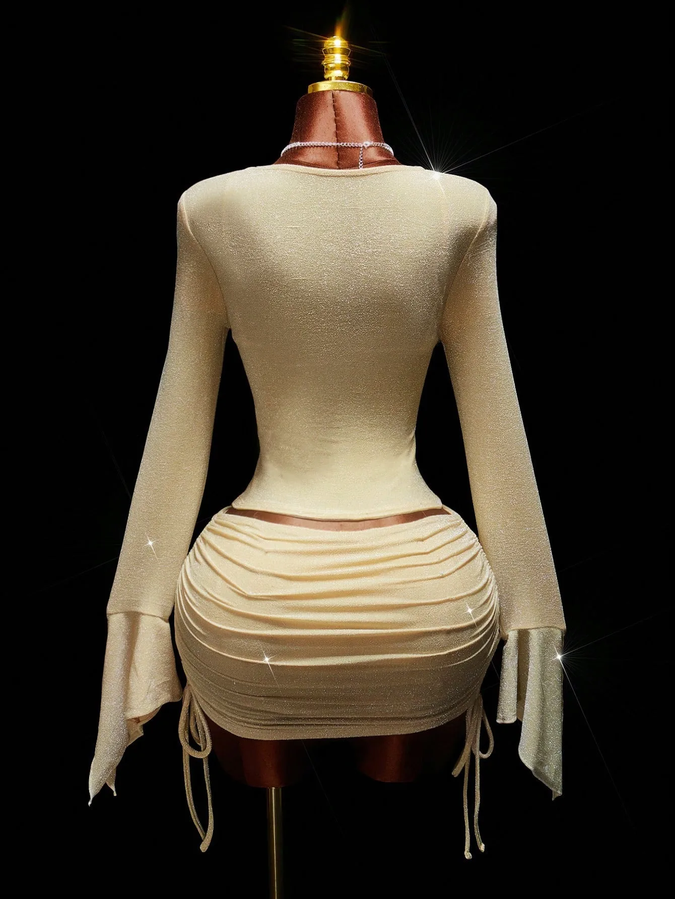 Solid Color Skirt Co-ord Set with Patchwork Craft, Trumpet Sleeve, Polyester Fabric for Holiday Vacation, 3 Pieces Set