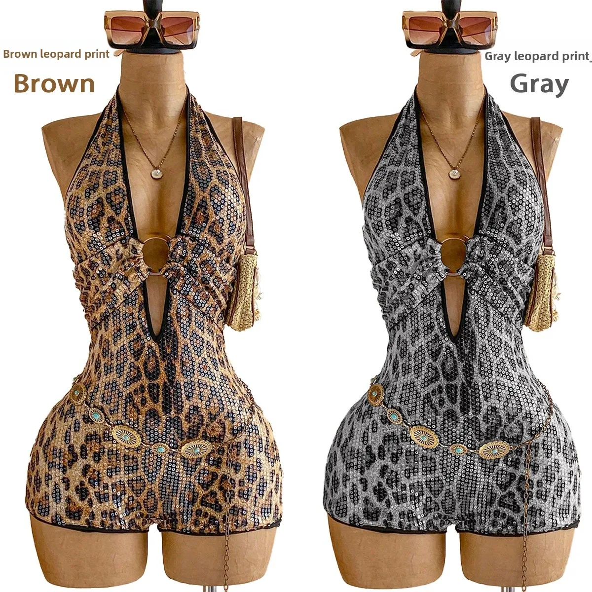 Sexy Leopard Print Rompers Shorts for Nightclub, Featuring Polyester Fabric with Sequins Detail