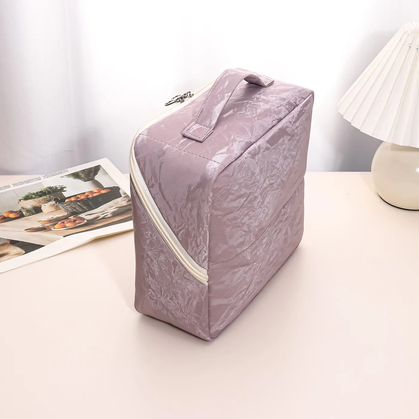 Solid Color PU Leather Cosmetic Bag for Women with Top Handle, Waterproof Design