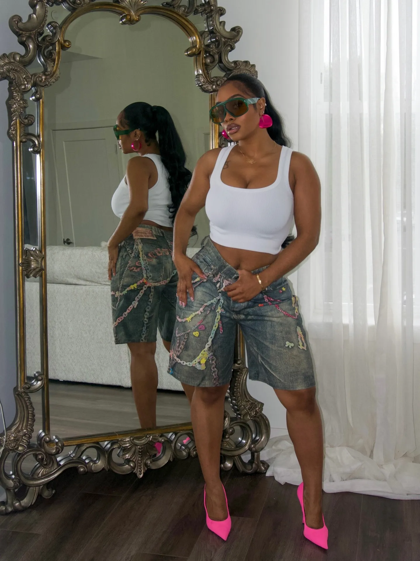 Chains Print Denim Cotton Bermuda Shorts Knee Length for Women Featuring Washed Streetwear Style