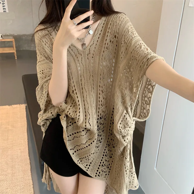 Loose V Neck Batwing Sleeve Solid Color Pullover Sweater for Women