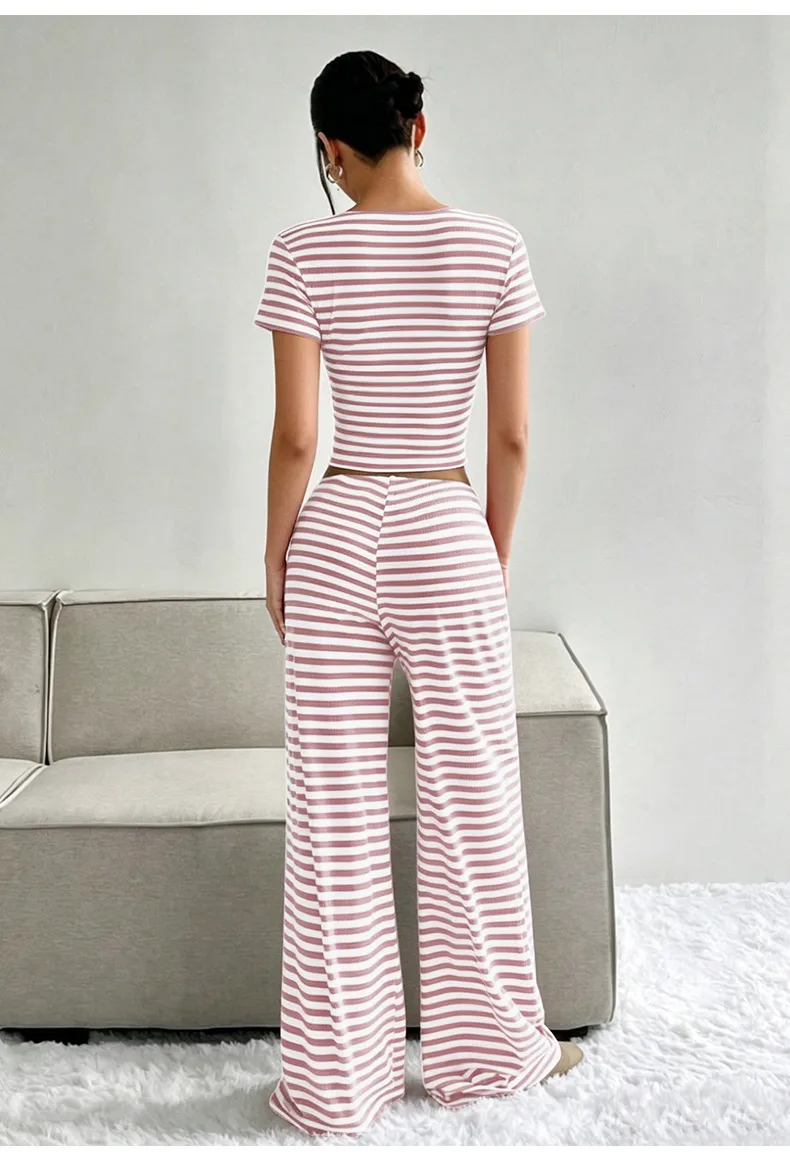 Women’s Casual Stripe Milk Fiber Pajamas with Printing and Dyeing, Perfect for Spring
