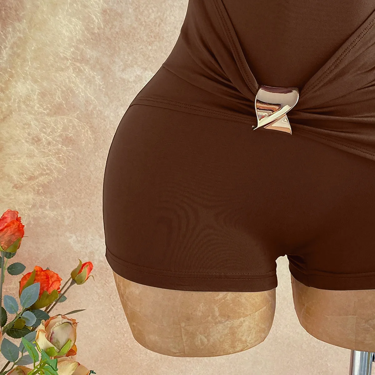 Sexy Solid Color Rompers Shorts for Party in Polyester Fabric with Knitted Craft for Women