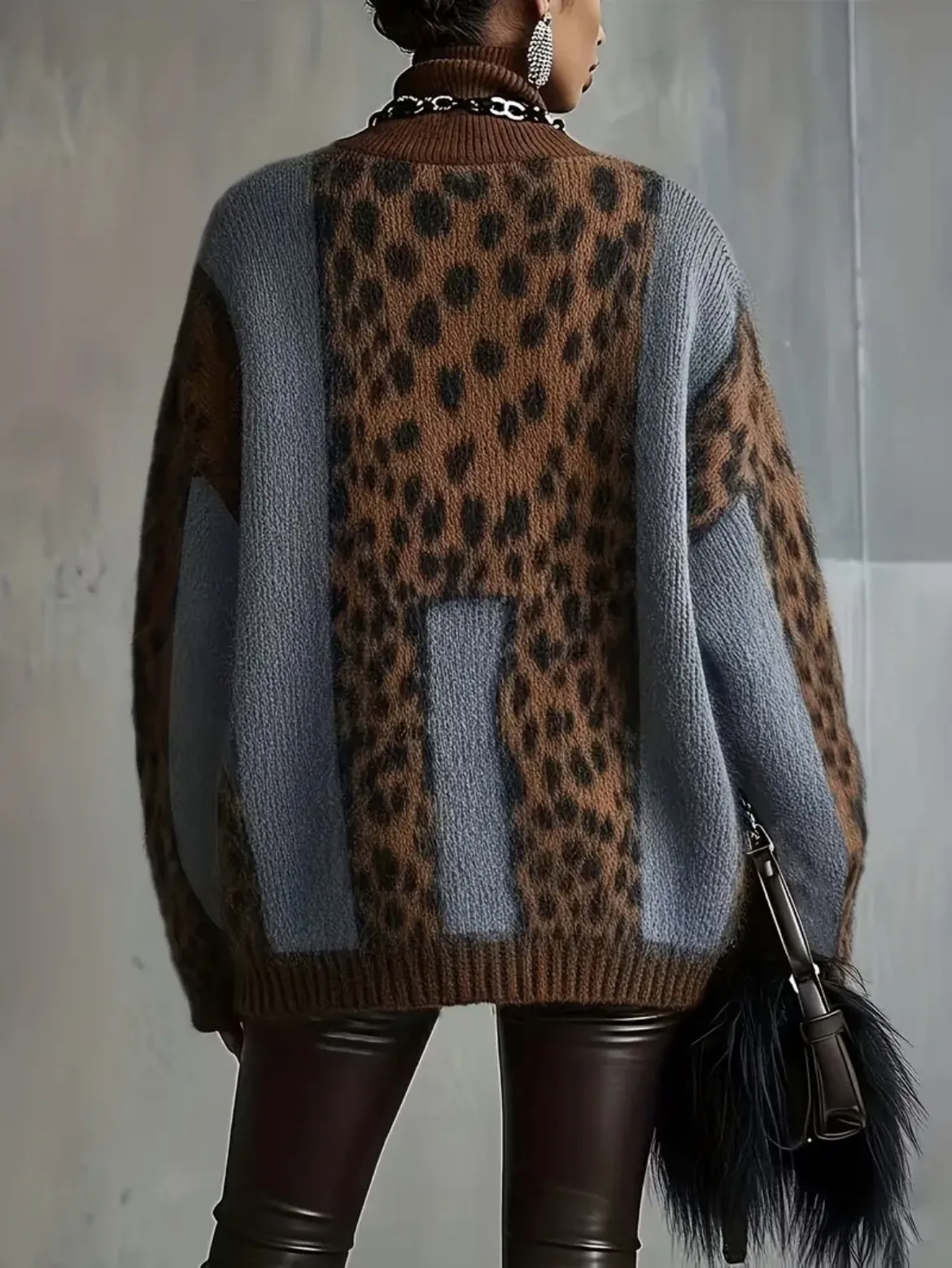 Leopard Print Casual Sweater with Long Sleeves, Knitted Acrylic Fabric Pullover