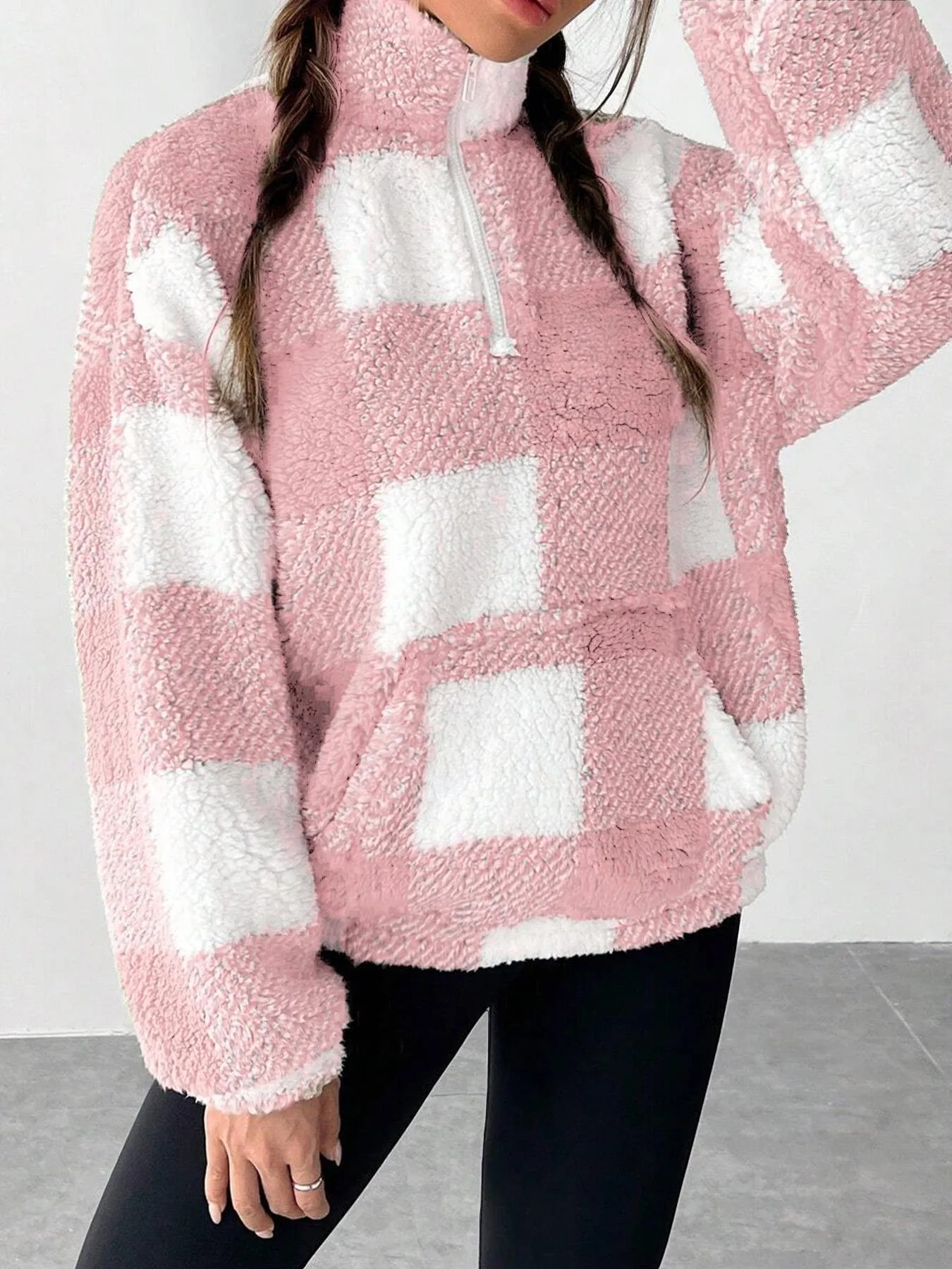 Loose Fit Patchwork Sport Hoodie with Zipper and Long Sleeves