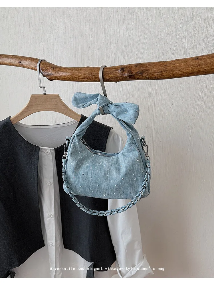Women’s Denim Square Bow Tie Crossbody Bag with Chain Strap, Stylish and Fashionable