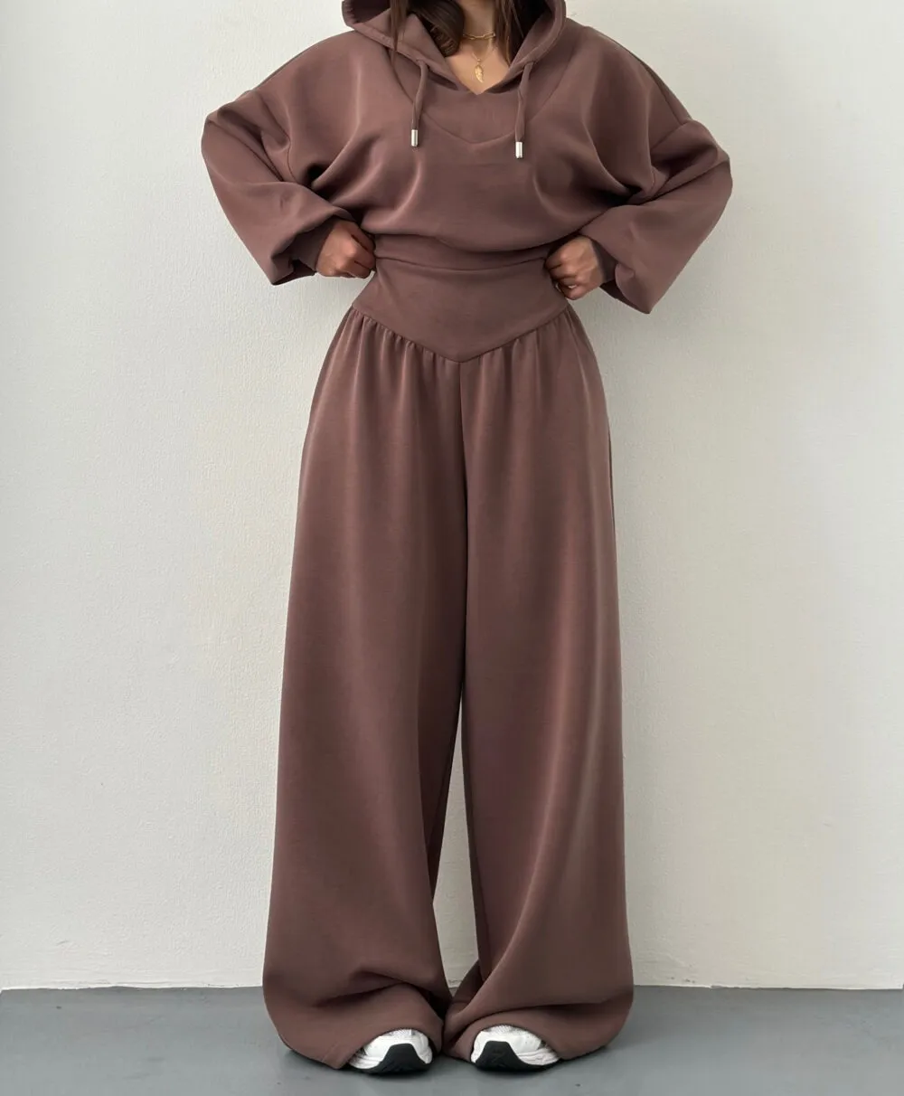 Solid Color Pant Co-ord Set, Casual Style, Cotton Polyester, V Neck, Long Sleeve, 2 Pieces