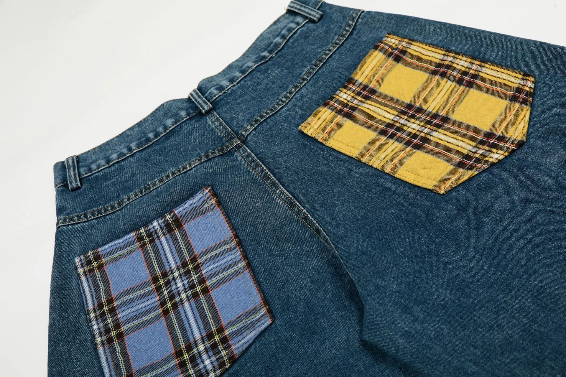 Plaid Full Length Denim Cotton Jeans for Women in Streetwear Style with Embroidery, Inelastic Fabric