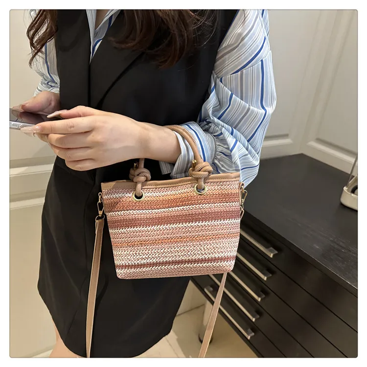 Small Straw Bucket Bag with Zipper and Braid Detail