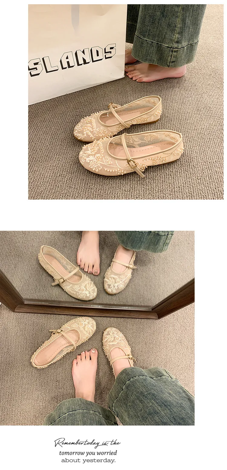 Solid Color Women Mary Jane Shoes with Rubber Sole and Flat Heel Featuring Mesh Upper in Casual Style