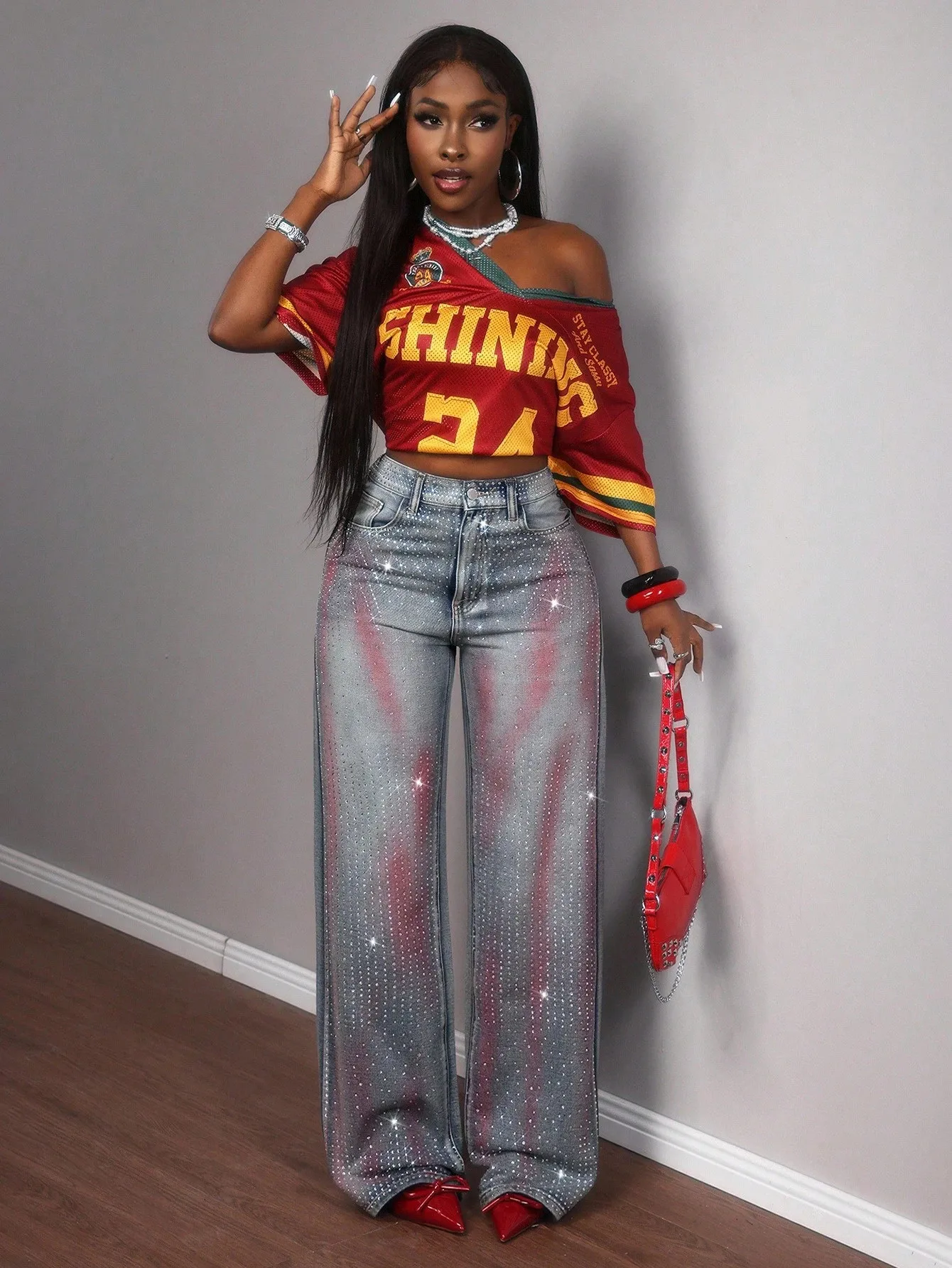 Ombre Wide Leg Full Length Denim Cotton Pants for Women with Rhinestones, Inelastic, Summer Style