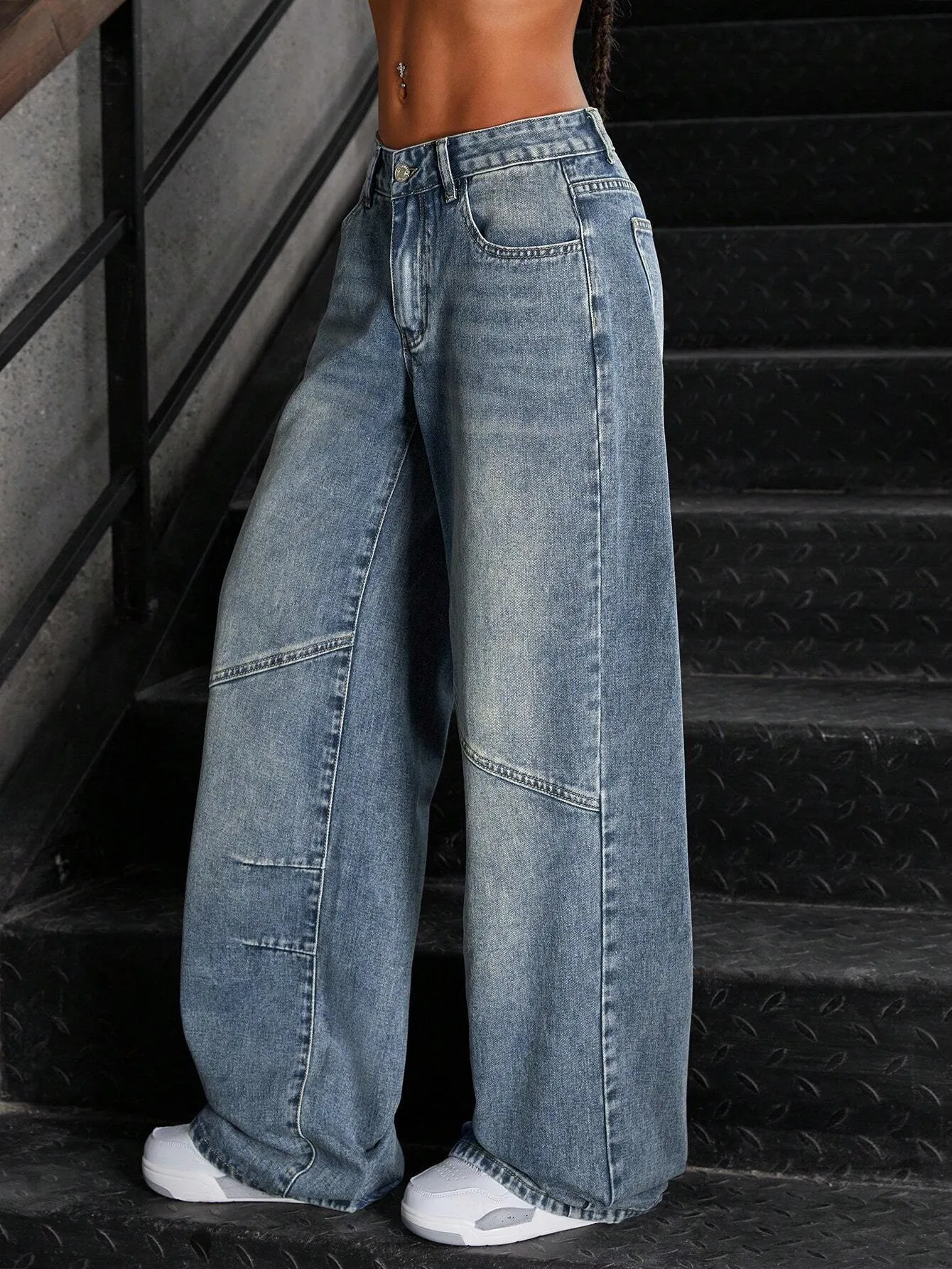 Streetwear Wide Leg Full Length Pants for Women in Washed Denim Cotton, Inelastic Street Style