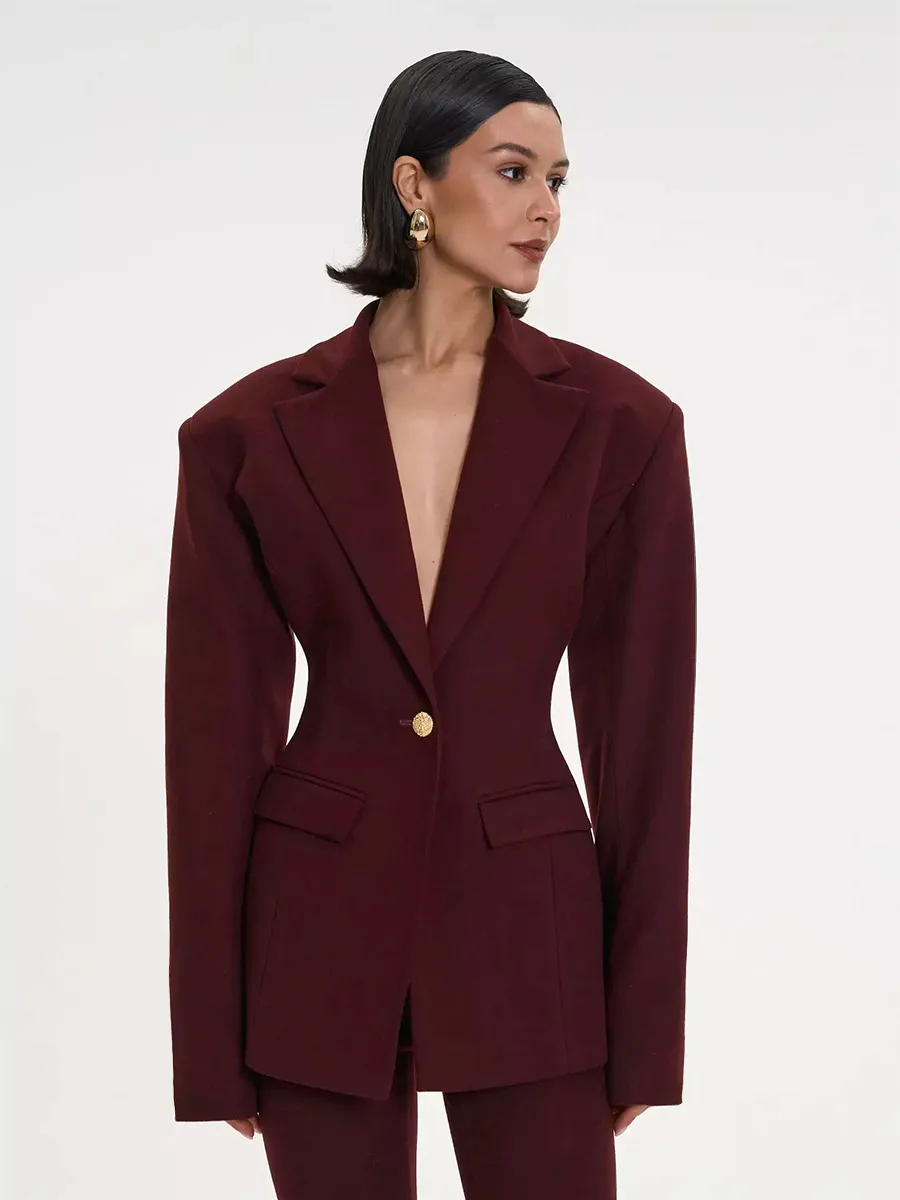 Elegant Solid Color Long Sleeve Polyester Blazer with V Neck and Single Breasted Closure
