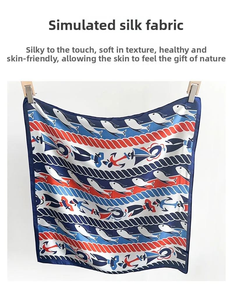 Women’s Streetwear Polyester Silk Scarf Featuring Fish Pattern in Blue, Perfect for Summer