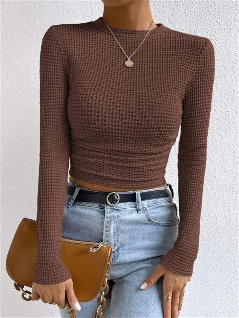 Plaid Long Sleeve Streetwear Pullover T-shirt for Women in Polyester with Round Neck