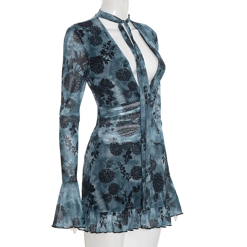 Sexy Slim Fit Mesh Mini Dress with V Neck and Long Sleeves