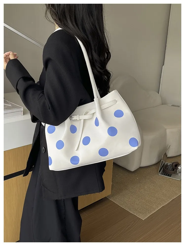 Women’s Square Tote Bag Featuring Polka Dots and Sewing Thread Detail, Made of PU Leather, Ideal for Autumn