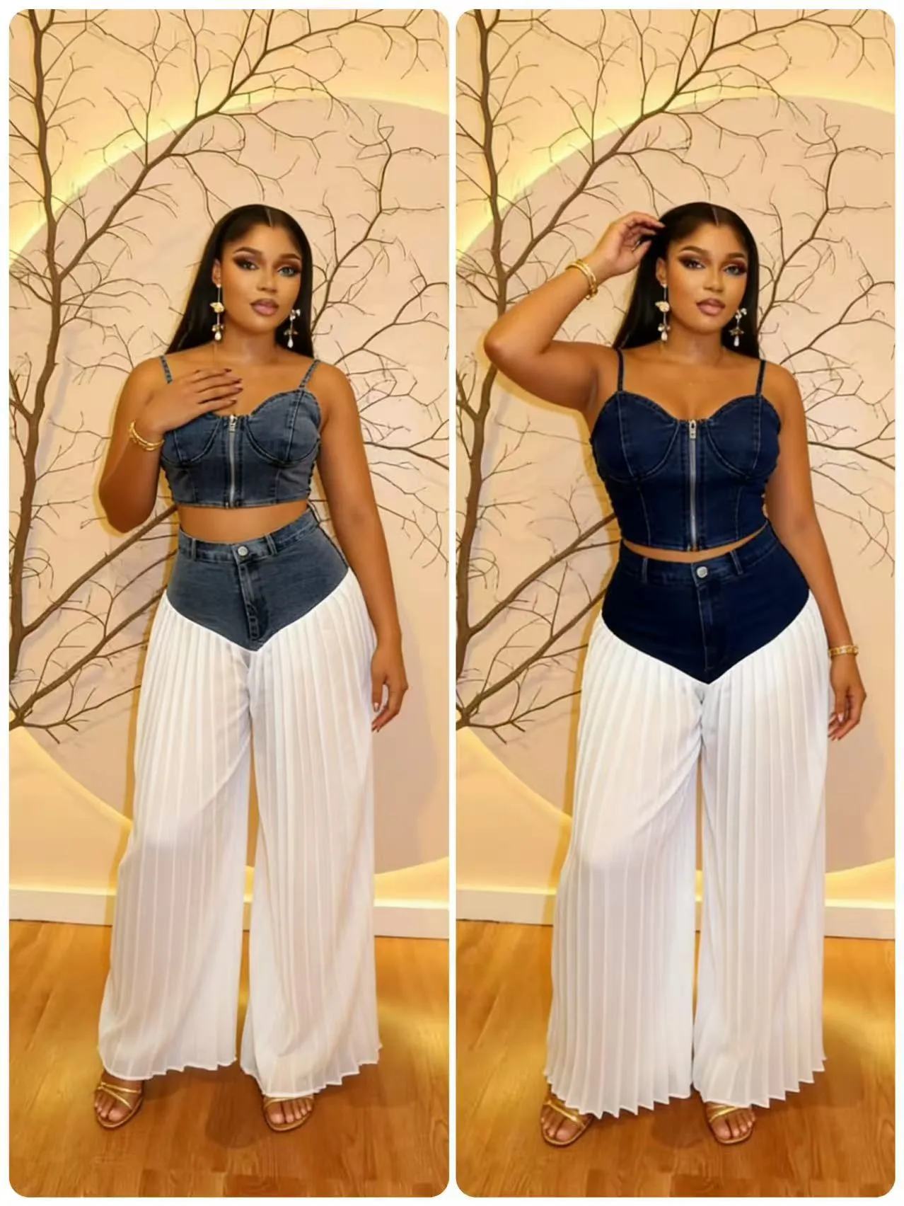 Women's Sleeveless Pleated Contrast Collar Leisure Suit