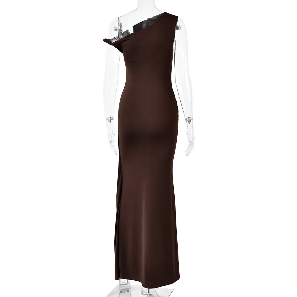 Solid Color Sexy Sleeveless Party Dress with Oblique Collar in Polyester for Banquet