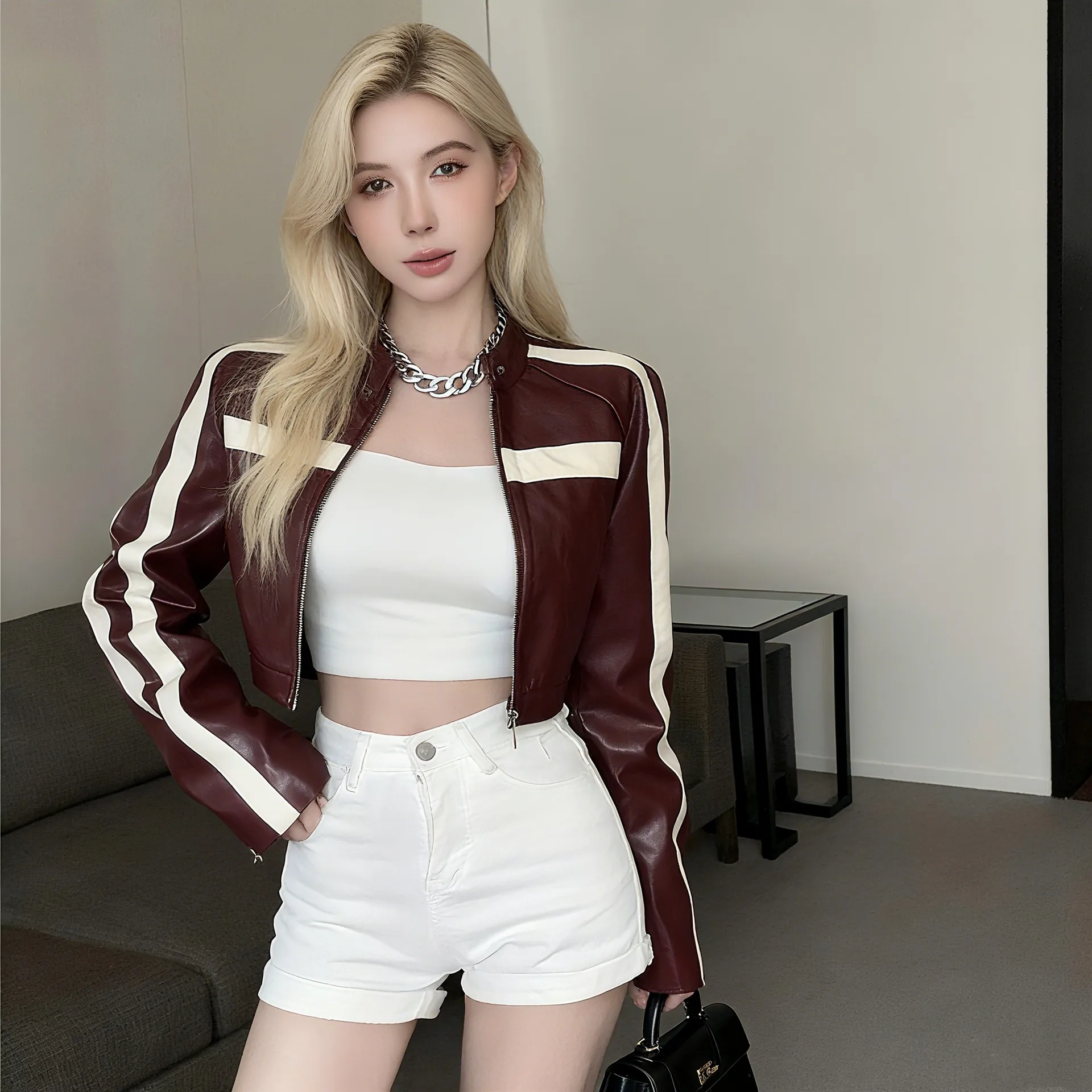 Vintage Style Color Block Leather Jacket for Women in PU Fabric with Zipper Closure